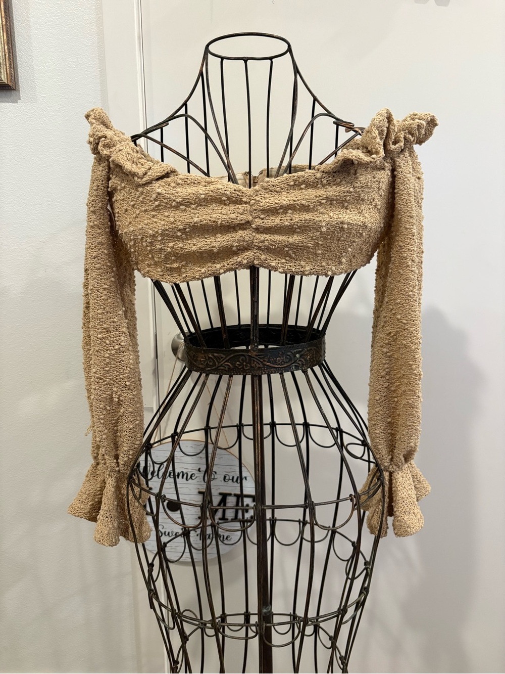 Fashion Nova Cream Ruffle Off-the-Shoulder Cropped Sweater